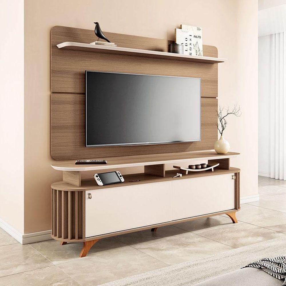 Rack Bancada Alba Com Painel Curv Castanho Off White – Hb Móveis - 2