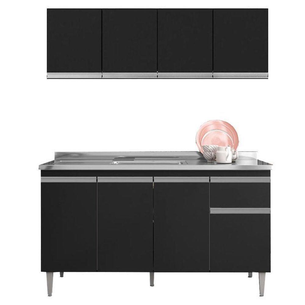 Balcão De Pia Tatiane 145 Cm E Armário Aéreo Andréia 4 Portas 150 Cm Preto Fosco - Ajl - 1