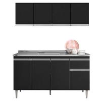 Balcão De Pia Tatiane 145 Cm E Armário Aéreo Andréia 4 Portas 150 Cm Preto Fosco - Ajl - 1