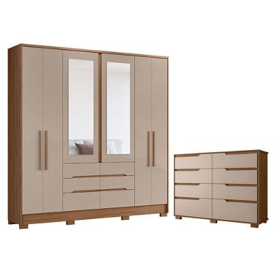 Guarda Roupa Casal e Cômoda San Francisco Georgia 6 Portas Giratórias 6 Gavetas MDP Carvalho Fendi