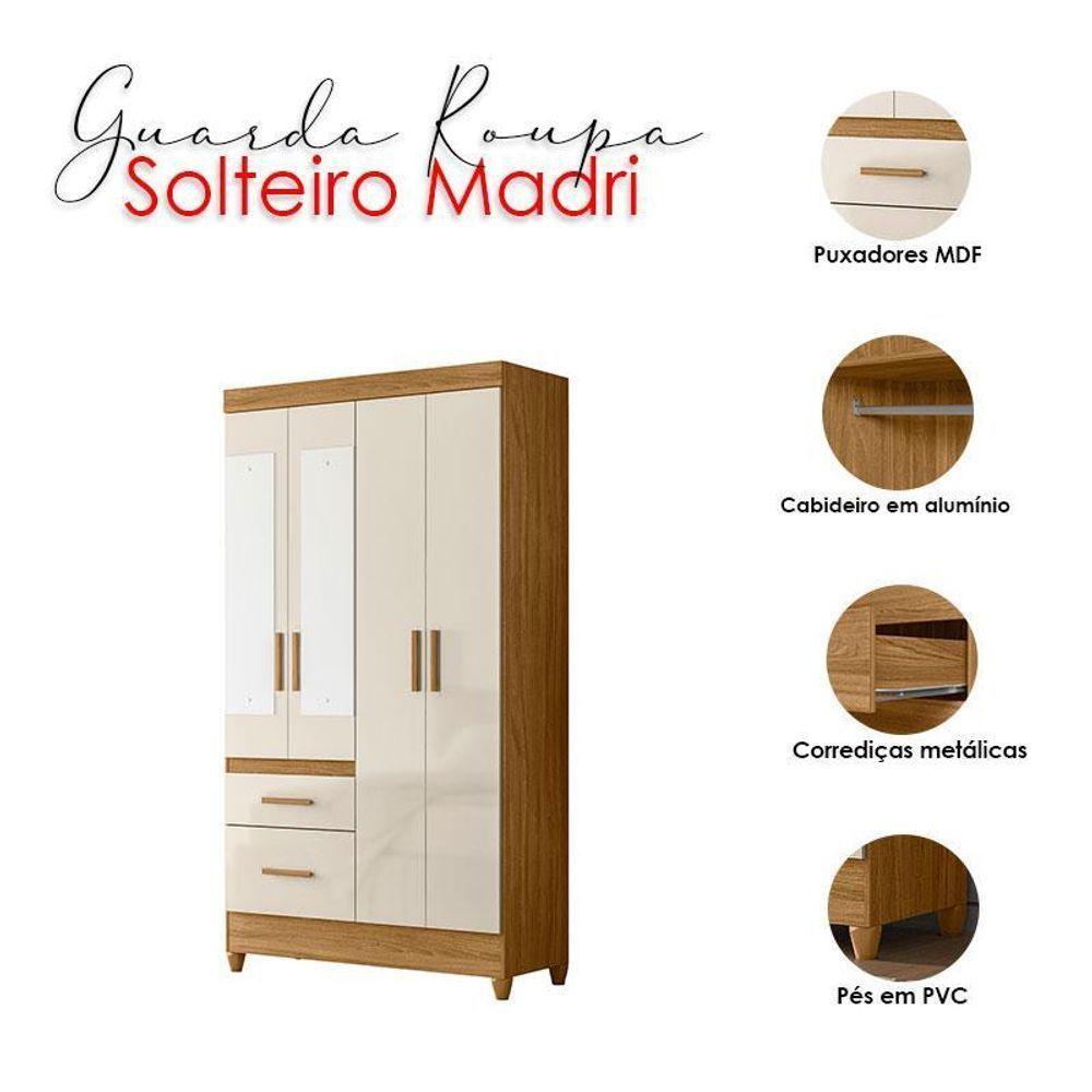 Guarda Roupa Solteiro Ambiente Madri 4 Portas Freijó Off White Com Espelho - Moval - 4