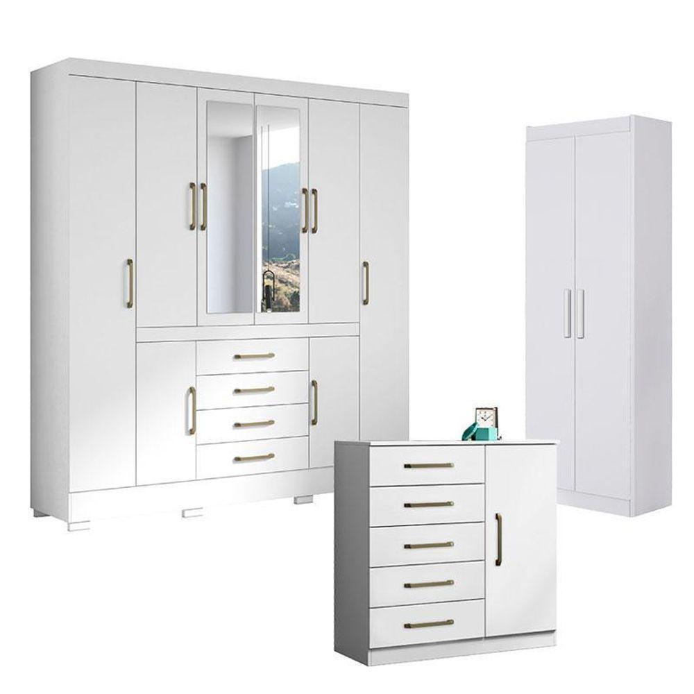 Guarda Roupa Casal Nápole 2045149 E Armário Multiuso 2000191 E Cômoda Milão Branco - Aramóveis - 1