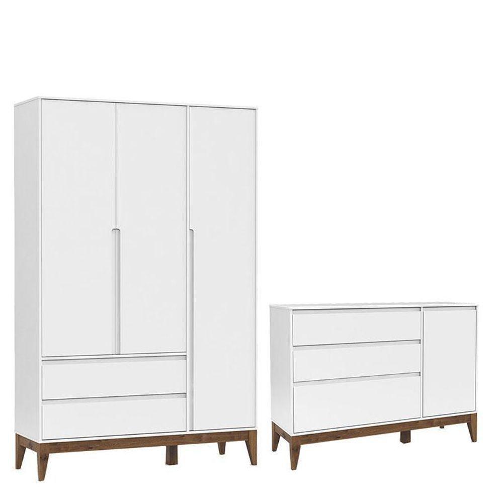 Cômoda Com Porta E Guarda Roupa Nature Clean 3 Portas Branco Acetinado Eco Wood - Matic - 1