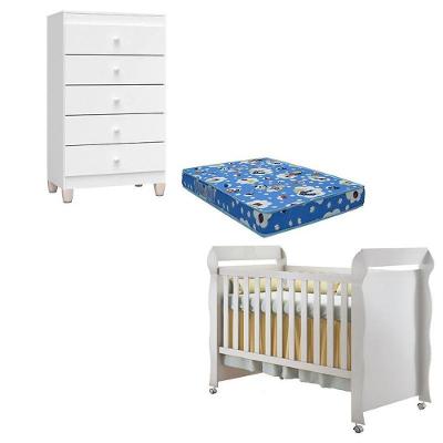 Berço Americano Mirelle MDF com Colchão e Cômoda Gaveteiro Branco Brilho