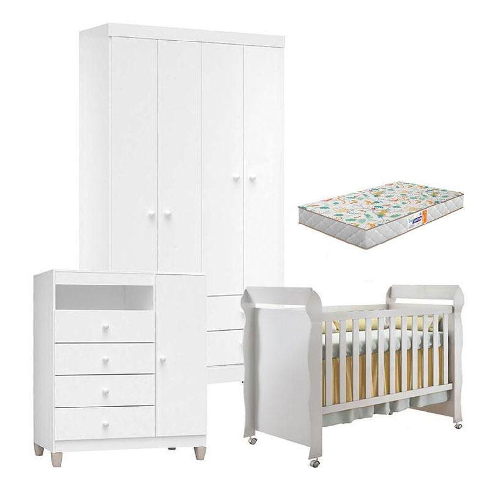 Quarto De Bebê 4 Portas Ternura Baby Com Berço Mirelle Branco Brilho Com Colchão Gazin - Incorplac - 1