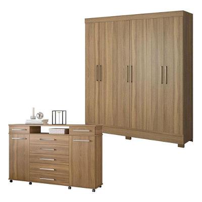 Cômoda e Guarda Roupa Casal London Prático 8 Portas 10 Gavetas em MDP Amêndola Touch