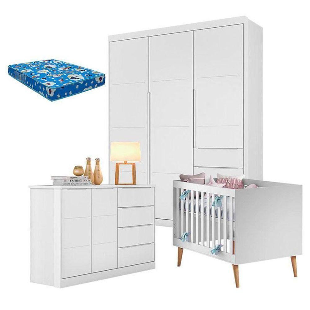 Quarto De Bebê Blenda E Berço Americano Ludmila Branco Acetinado Com Colchão - Phoenix - 1