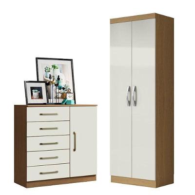 Cômoda Sapateira Milão 2014145 e Armário Multiuso New 2000192 3 Portas 3 Prateleiras MDF Off White