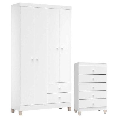 Cômoda Gaveteiro e Guarda Roupa Infantil Ternura Baby 4 Portas Giratórias 2 Gavetas Branco Brilho