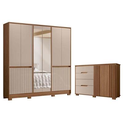 Guarda Roupa Casal e Cômoda Alasca Texas 12 Portas Giratórias 8 Gavetas MDP Carvalho Fendi