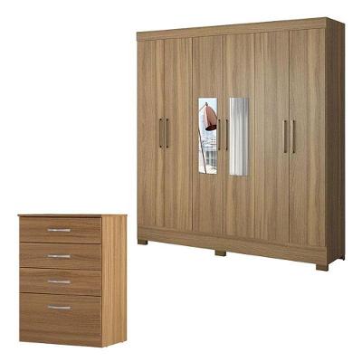 Cômoda e Guarda Roupa Casal Astral Prático 6 Portas 3 Gavetas em MDP Amêndola Touch