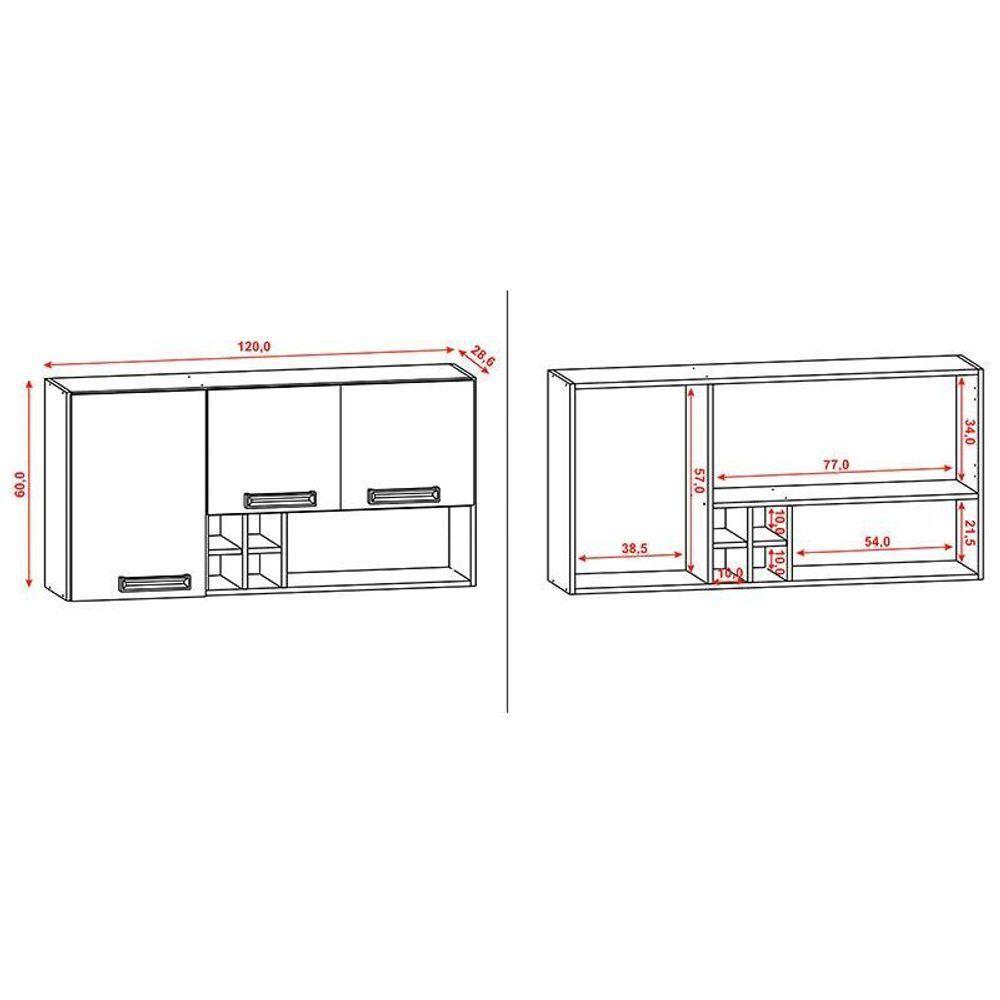 Armário Aéreo Ametista 3 Portas E 4 Garrafas 120 Cm Freijó Supremo - Kits Paraná - 3