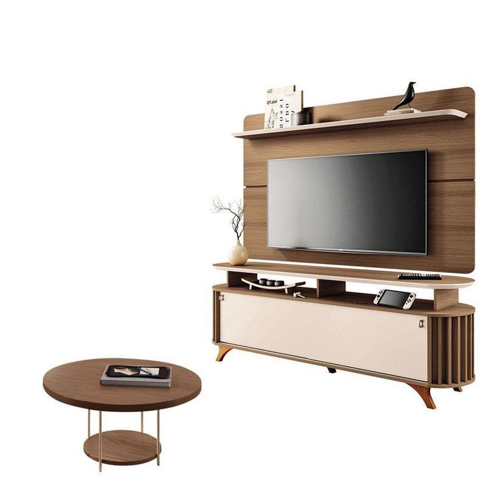 Rack Bancada Alba Com Painel Curv Com Mesa De Centro Sky Castanho Off White – Hb Móveis - 1