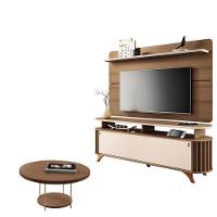 Rack Bancada Alba Com Painel Curv Com Mesa De Centro Sky Castanho Off White – Hb Móveis - 1