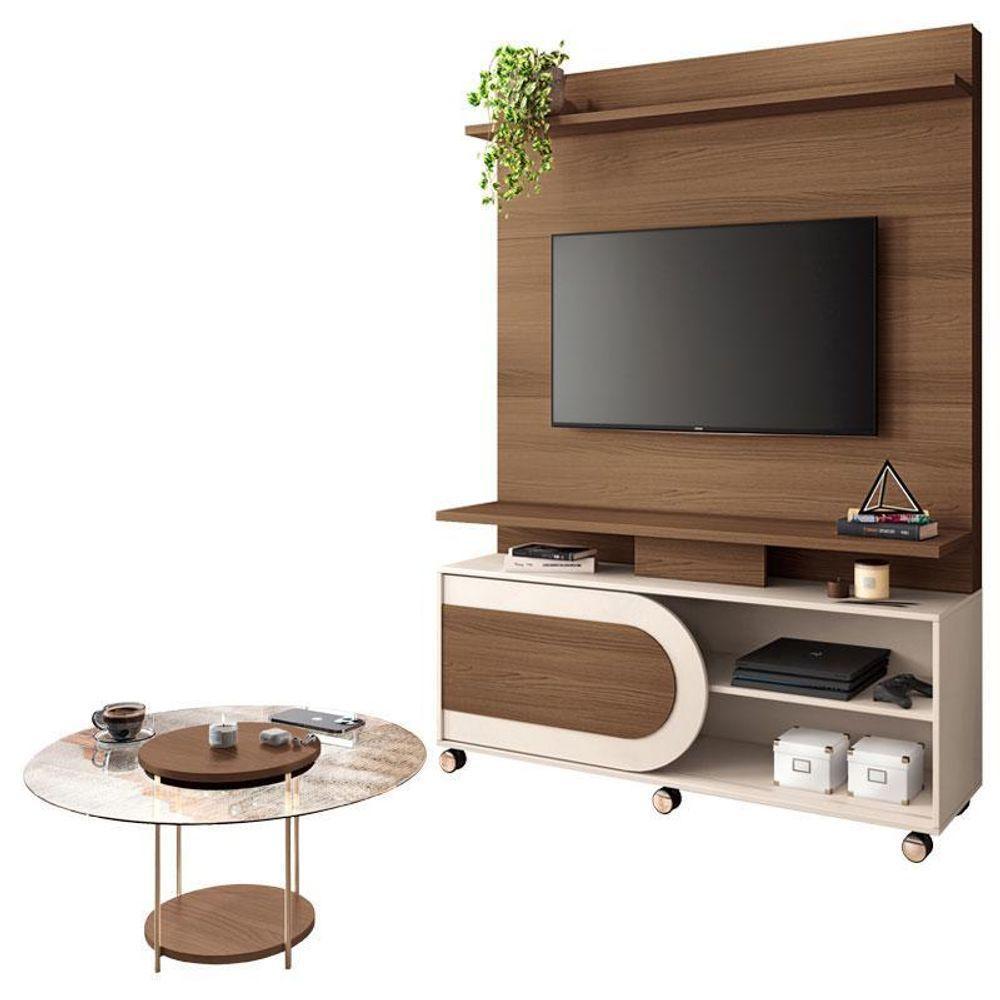 Estante Home Theater órbis Castanho Off White E Mesa De Centro Sky Com Tampo De Vidro Castanho- Hb Móveis - 1