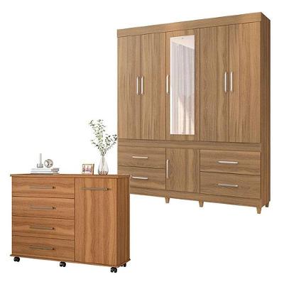 Cômoda Flora e Guarda Roupa Casal Guarujá 6 Portas 4 Gavetas Amêndola MDP Demóbile