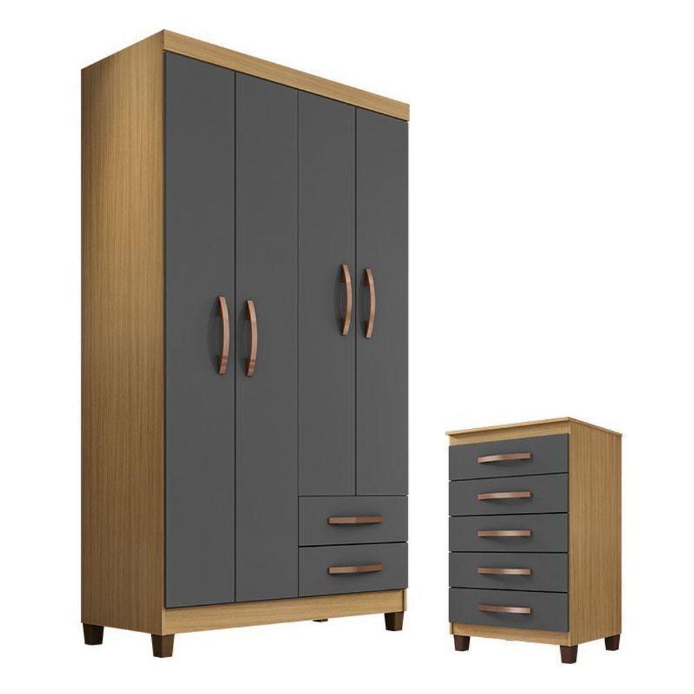 Guarda Roupa Solteiro Modena 4 Portas Com Cômoda Gaveteira Cannes Carvalho Americano Grafite – Incorplac - 1