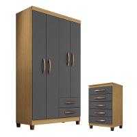 Guarda Roupa Solteiro Modena 4 Portas Com Cômoda Gaveteira Cannes Carvalho Americano Grafite – Incorplac - 1