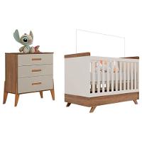 Berço Americano Retro Vitória Com Cômoda Gaveteiro Infantil Emilly Off White Carvalho - Canaã - 1