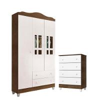 Cômoda Gaveteiro E Guarda Roupa Ariel Branco Acetinado Amadeirado - Carolina - 1