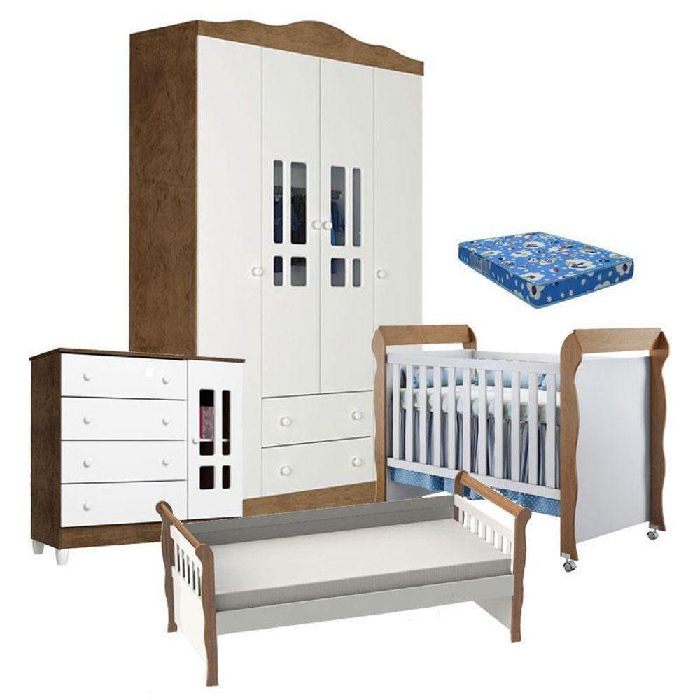 Quarto De Bebê Ariel 4 Portas Berço Mirelle Com Colchão E Cama Babá Julia Branco Acetinado Amadeirado – Carolina - 1