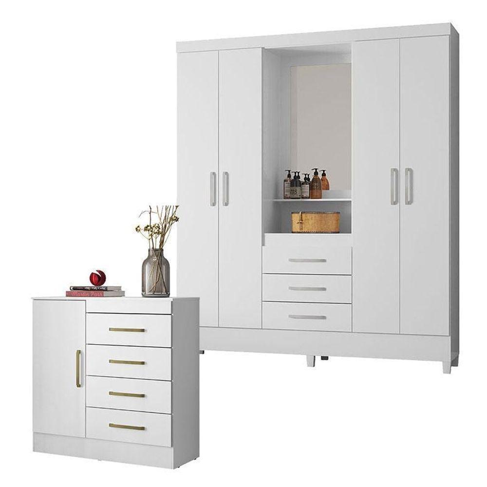 Cômoda Montevidéu E Guarda Roupa Casal Capelinha Pérsia Branco Flex - Demóbile - 1