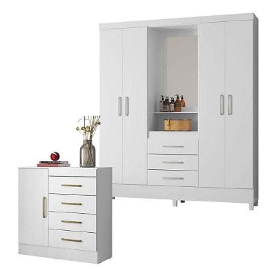 Cômoda e Guarda Roupa Casal Montevidéu Capelinha Pérsia 5 Portas 7 Gavetas MDP Branco Flex