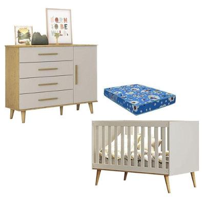 Berço Americano e Cômoda Infantil Ludmila MDF com Colchão Espuma Off White Bétula