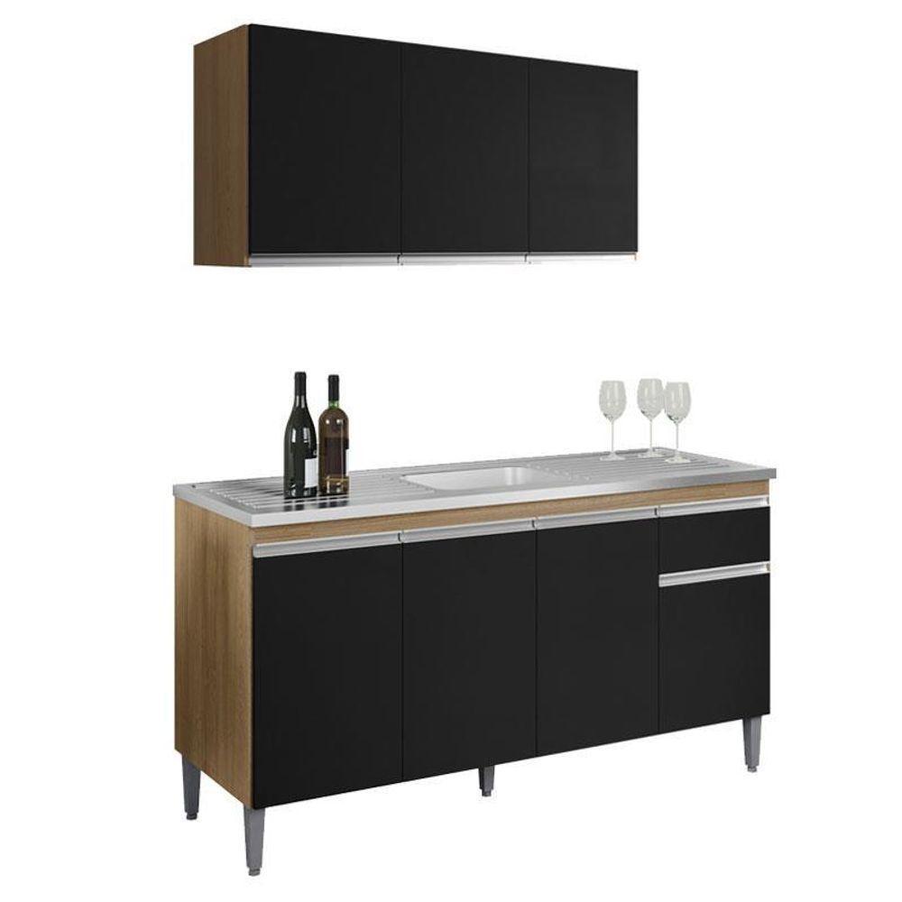 Balcão De Pia Tatiane 145 Cm E Armário Aéreo Andreia 3 Portas 120 Cm Amêndoa Preto – Ajl - 1