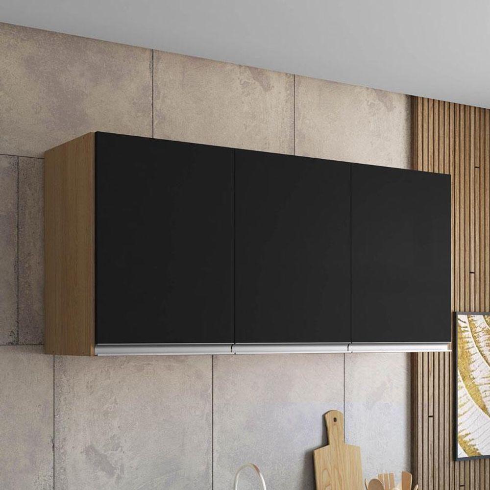 Balcão De Pia Tatiane 145 Cm E Armário Aéreo Andreia 3 Portas 120 Cm Amêndoa Preto – Ajl - 3
