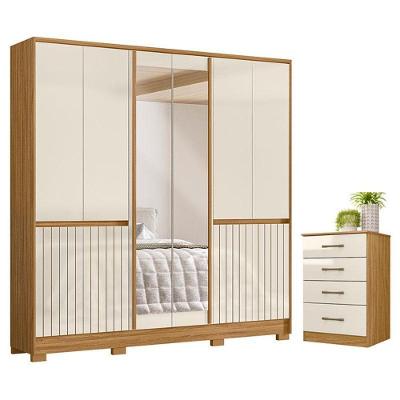 Guarda Roupa Casal e Cômoda Alasca Ms913 10 Portas 4 Gavetas em MDP Moderno Freijó Off White