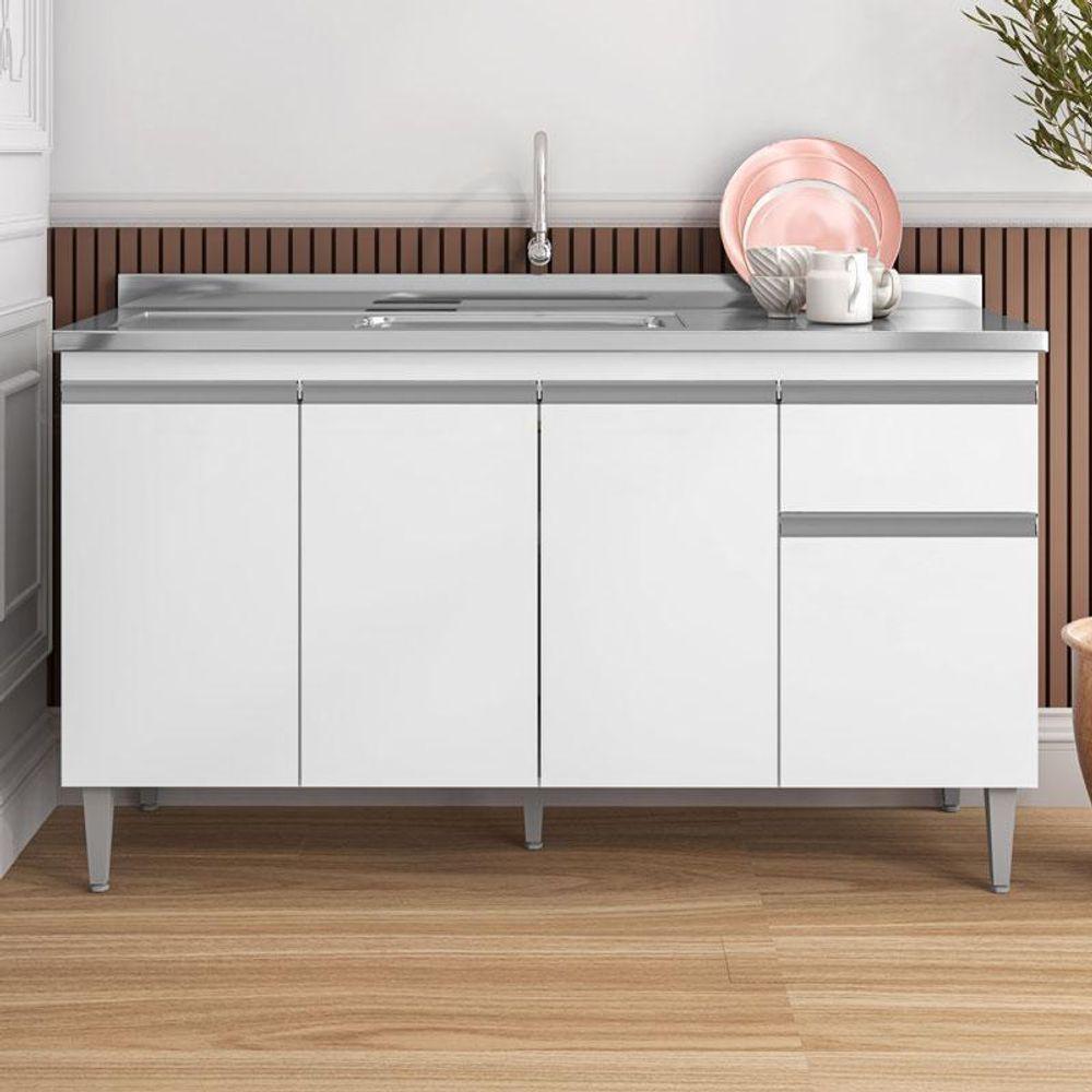 Balcão De Pia Tatiane 145 Cm E Armário Aéreo Andréia 4 Portas 150 Cm Branco Brilho - Ajl - 4