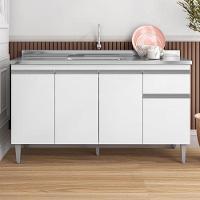 Balcão De Pia Tatiane 145 Cm E Armário Aéreo Andréia 4 Portas 150 Cm Branco Brilho - Ajl