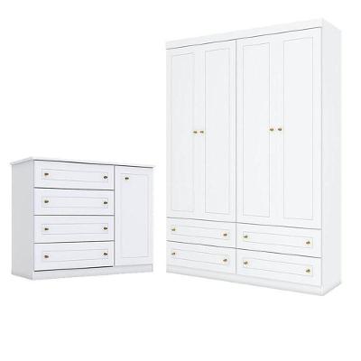 Cômoda e Guarda Roupa Infantil Americano 4 Portas 4 Gavetas em MDF e MDP Branco HP