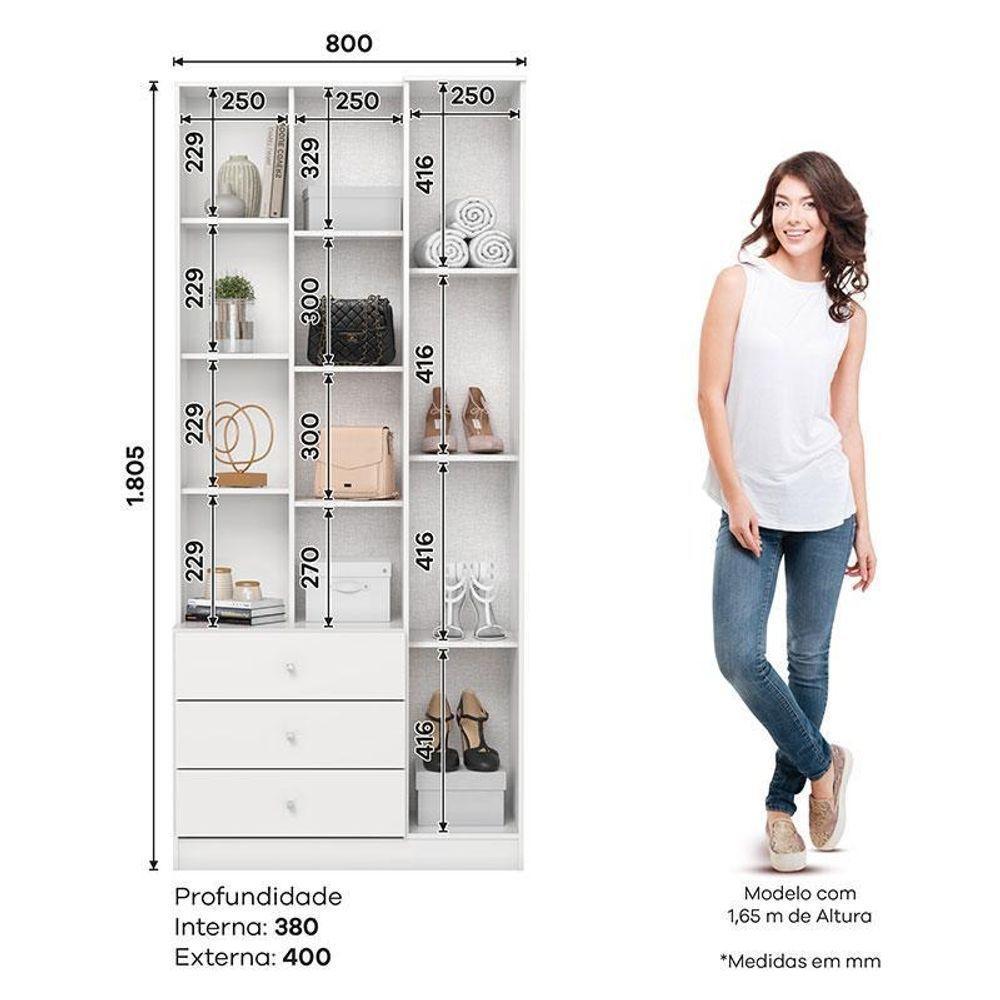 Armário Multiuso Doha Com Espelho 2 Portas 3 Gavetas Branco Fosco - Henn - 3