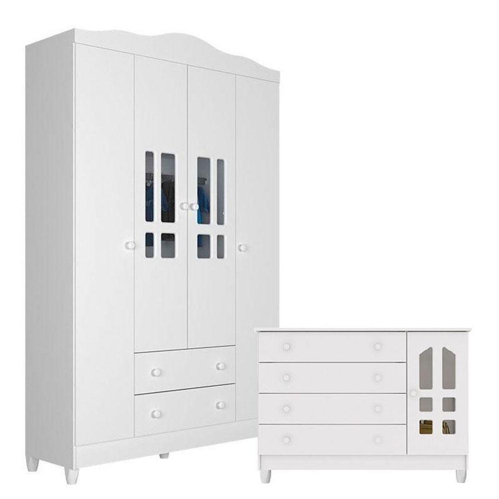 Cômoda Gran Selena E Guarda Roupa Infantil Ariel 4 Portas Branco Brilho - Carolina - 1