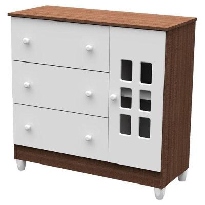 Cômoda Infantil com Porta Mariah 3 Gavetas MDF Branco Acetinado Amadeirado para Quarto