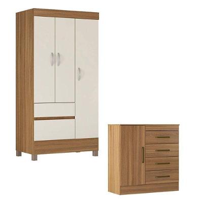 Cômoda e Guarda Roupa Solteiro Montevidéu Wind 3 Portas 2 Gavetas em MDP Amêndola Off White