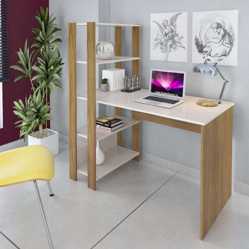 Escrivaninha 120Cm Com Estante Lateral Multimóveis Cr25207 Off White/Carvalho Off White/Carvalho - 1