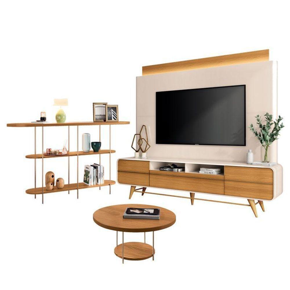 Estante Home Theater Nobre Off White Cinamomo E Aparador Infinity E Mesa De Centro Sky Cinamomo – Hb Móveis - 1