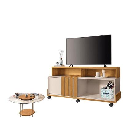Rack Bancada Graci 1.3 Com Mesa De Centro Sky Com Tampo De Vidro Cinamomo Off White – Hb Móveis