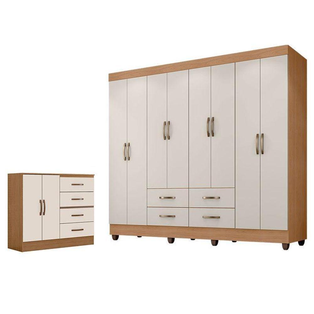 Guarda Roupa Casal Porto Com Cômoda Lite 4 Gavetas 2 Portas Nature Off White – Móveis Leão - 1