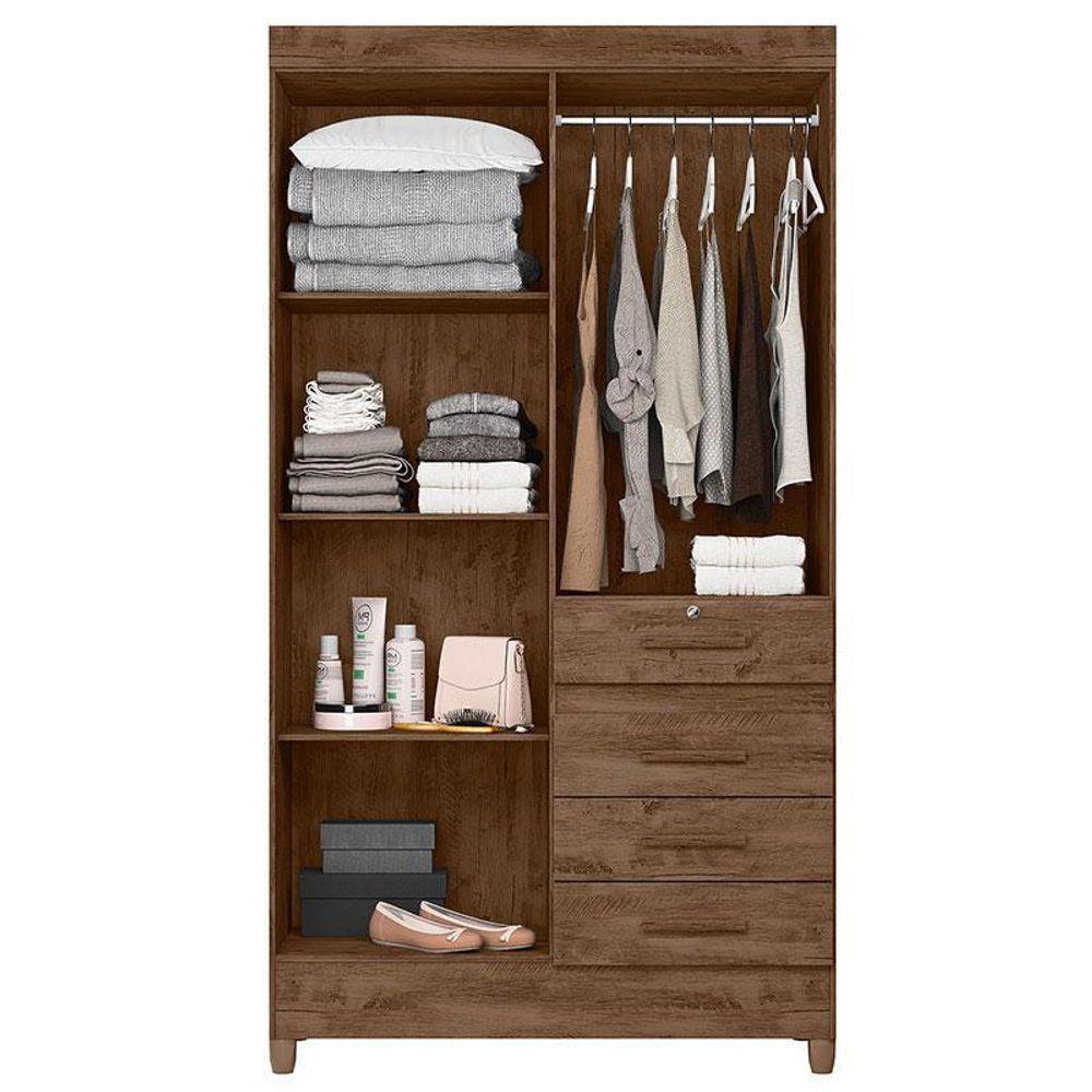 Guarda Roupa Solteiro Ambiente Sobral 4 Portas Castanho Wood Com Espelho - Moval - 3