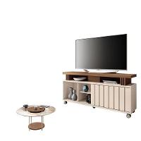 Rack Bancada Rivera 1.3 Com Mesa De Centro Sky Com Tampo De Vidro Castanho Off White – Hb Móveis - 1