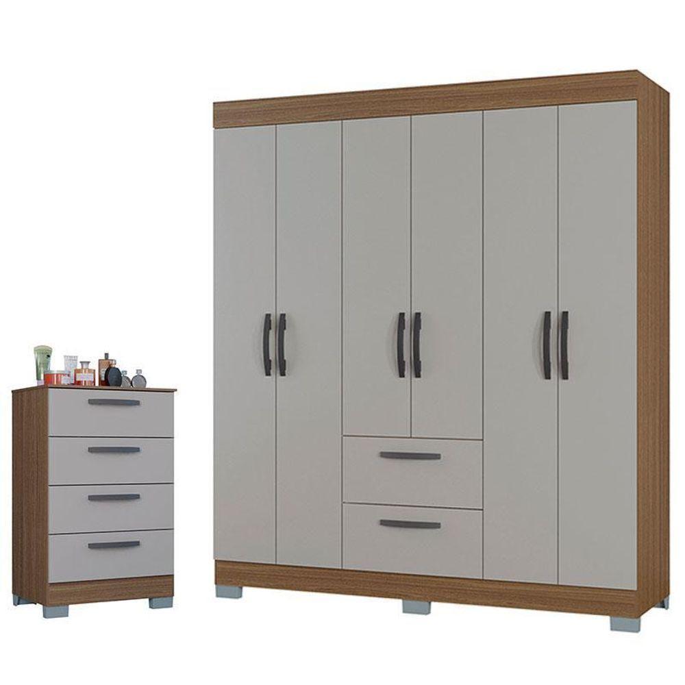 Cômoda 867 4 Gavetas E Guarda Roupa Casal Tóquio 6 Portas Castanho Off White - Poquema - 1