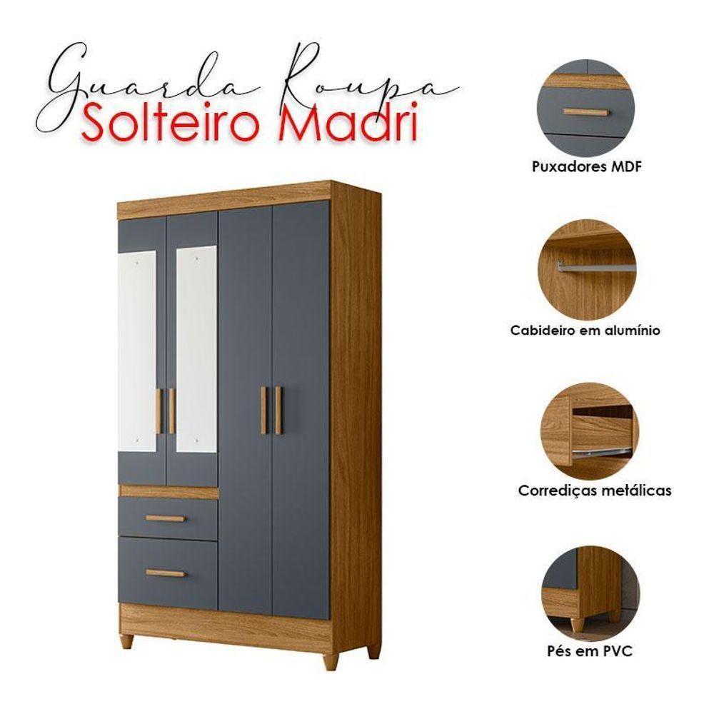 Guarda Roupa Solteiro Madri 4 Portas Freijó Cinza Com Espelho - Moval - 4