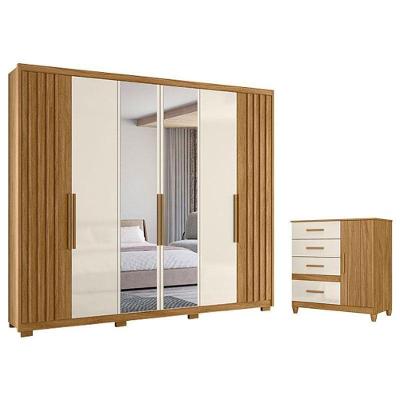 Guarda Roupa Casal e Cômoda Araguaia Vênus 7 Portas 8 Gavetas MDP com Espelho Freijó Off White