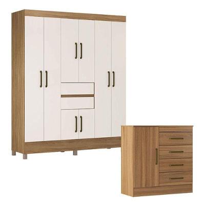 Cômoda e Guarda Roupa Casal Montevidéu Munique 8 Portas 6 Gavetas MDP 162 cm Amêndoa Demóbile