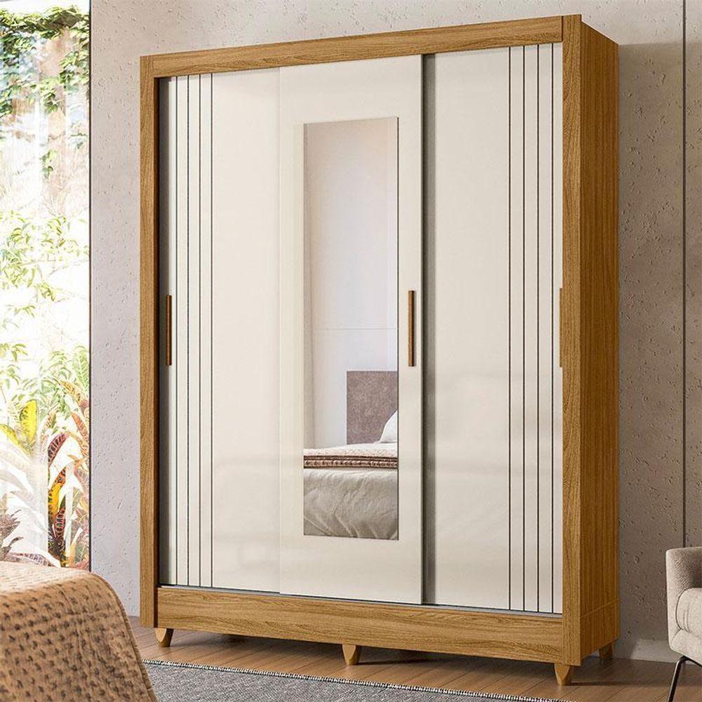 Guarda Roupa Casal Ambiente Bolívia 3 Portas Freijó Off White Com Espelho - Moval - 1