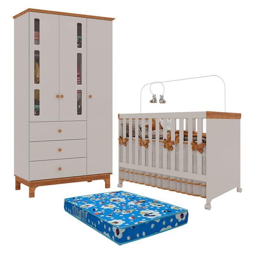 Berço Americano Mini Cama E Guarda Roupa Infantil Antonella 3 Portas Off White Caramelo Com Colchão Ortobom - Canaã - 1